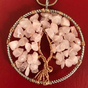 Pink Quartz Tree Pendant & VTG Silver Chain